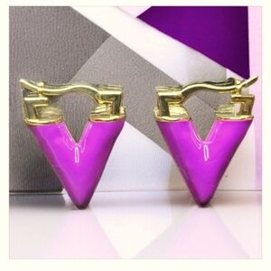 New Chunky Gold Purple Enamel V Earrings